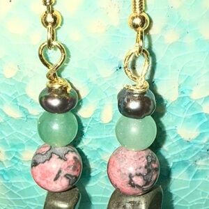 Elegant Green, Black, and Pink Beaded Earrings